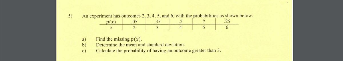 5)
An experiment has outcomes 2, 3, 4, 5, and 6, with the probabilities as shown below.
.35
.2
?
.25
.05
2
3
4
5
6
a)
b)
c)
p(x)
X
Find the missing p(x).
Determine the mean and standard deviation.
Calculate the probability of having an outcome greater than 3.