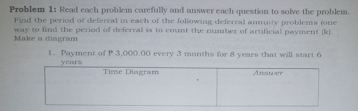 Problem 1: Read each problem carefully and answer each question to solve the problem.
Find the period of deferral in each of the following deferral annuity problems (one
way to find the period of deferral is to count the numnber of artificial payment (k).
Make a diagram
1. Payment of P 3,000.00 every 3 months for 8 years that will start 6
years
Time Diagram
Answer
