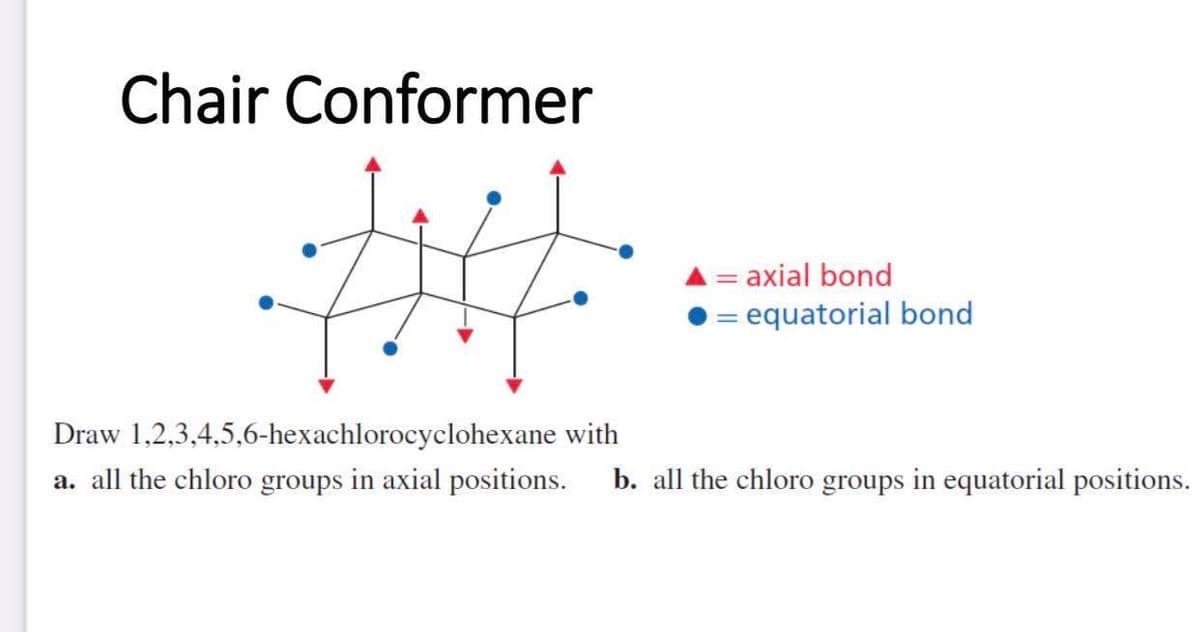 Chair Conformer
= axial bond
> = equatorial bond
Draw 1,2,3,4,5,6-hexachlorocyclohexane with
a. all the chloro groups in axial positions.
b. all the chloro groups in equatorial positions.
