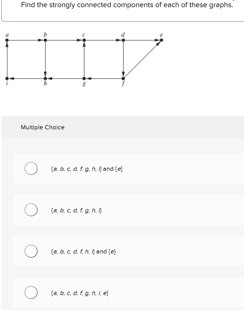 Find the strongly connected components of each of these graphs.
a
b
C
Multiple Choice
g
(a, b, c, d, f, g, h, 1} and {e}
(a, b, c, d, f, g, h, 1}
(a, b, c, d, f, h, }} and {e}
(a, b, c, d, f, g, h, i, e}