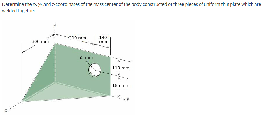 Determine the x-, y-, and z-coordinates of the mass center of the body constructed of three pieces of uniform thin plate which are
welded together.
x
300 mm
-310 mm
55 mm
140
mm
110 mm
185 mm