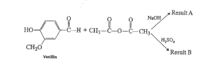 HO-
CH3O
Vanillin
Lond
C-H + CH3-C-0-
NaOH
CH3
Result A
H₂SO4
Result B