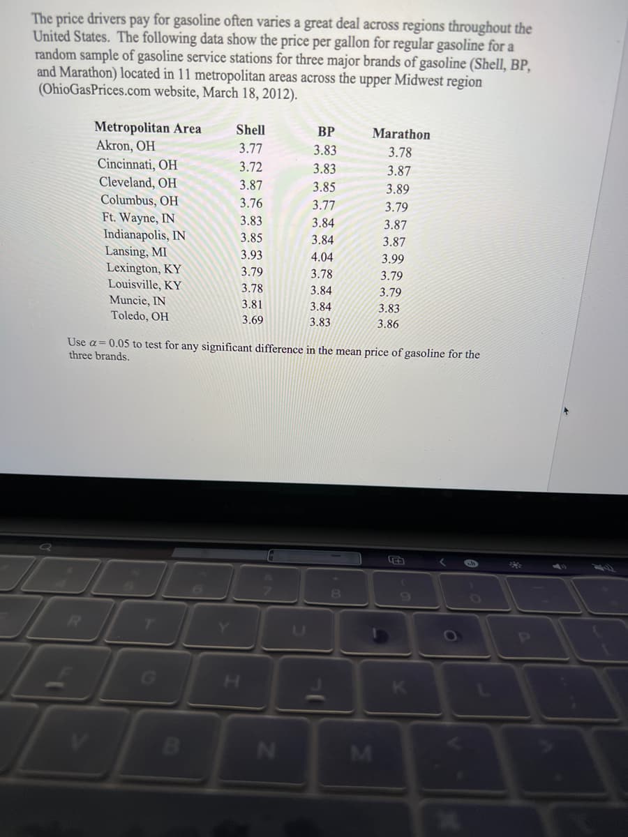 The price drivers pay for gasoline often varies a great deal across regions throughout the
United States. The following data show the price per gallon for regular gasoline for a
random sample of gasoline service stations for three major brands of gasoline (Shell, BP,
and Marathon) located in 11 metropolitan areas across the upper Midwest region
(OhioGasPrices.com website, March 18, 2012).
Metropolitan Area
Akron, OH
Cincinnati, OH
Cleveland, OH
Columbus, OH
Shell
ВР
Marathon
3.77
3.83
3.78
3.72
3.83
3.87
3.87
3.85
3.89
3.76
3.77
3.79
Ft. Wayne, IN
Indianapolis, IN
Lansing, MI
Lexington, KY
Louisville, KY
Muncie, IN
Toledo, OH
3.83
3.84
3.87
3.85
3.84
3.87
3.93
4.04
3.99
3.79
3.78
3.79
3.78
3.84
3.79
3.81
3.84
3.83
3.69
3.83
3.86
Use a= 0.05 to test for any significant difference in the mean price of gasoline for the
three brands.
Y]
0O
V.
N
