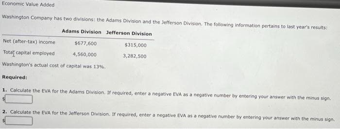 Economic Value Added
Washington Company has two divisions: the Adams Division and the Jefferson Division. The following information pertains to last year's results:
Adams Division Jefferson Division
Net (after-tax) income
$677,600
$315,000
Total capital employed
4,560,000
3,282,500
Washington's actual cost of capital was 13%.
Required:
1. Calculate the EVA for the Adams Division. If required, enter a negative EVA as a negative number by entering your answer with the minus sign.
2. Calculate the EVA for the Jefferson Division. If required, enter a negative EVA as a negative number by entering your answer with the minus sign.