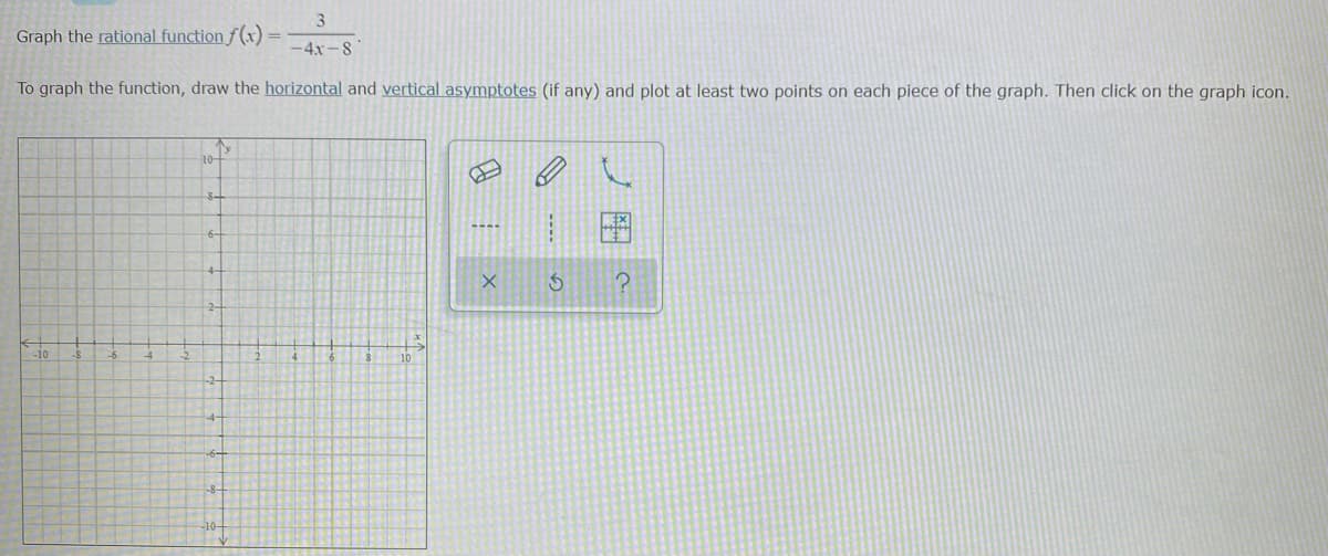 3
Graph the rational function f(x)
-4x-8
To graph the function, draw the horizontal and vertical asymptotes (if any) and plot at least two points on each piece of the graph. Then click on the graph icon.
10
-10
----
