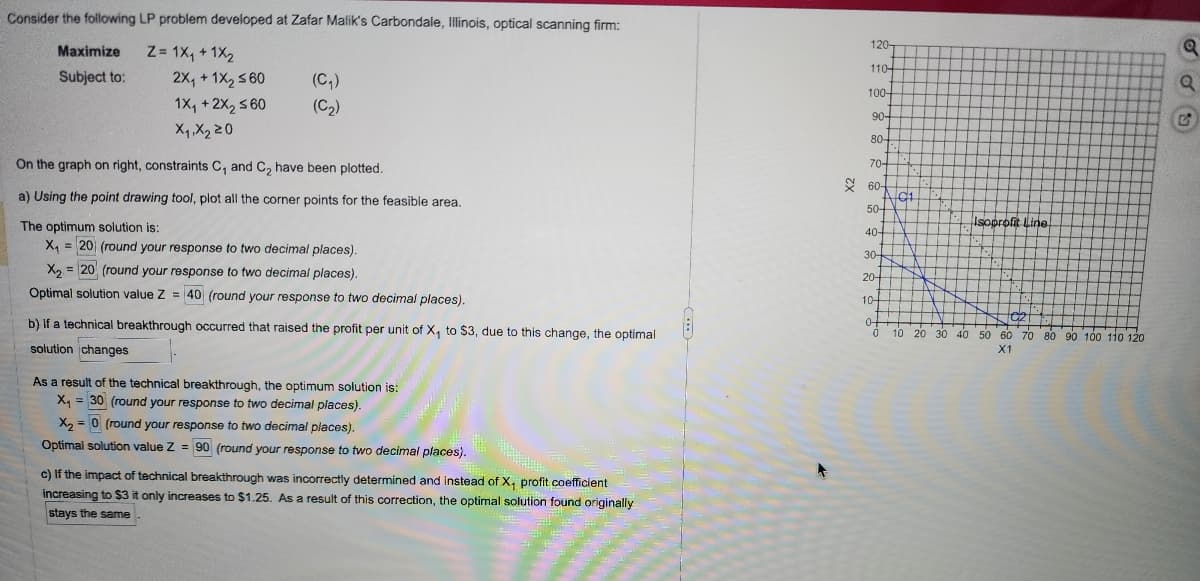 Consider the following LP problem developed at Zafar Malik's Carbondale, Illinois, optical scanning firm:
Z=1X₁ + 1x₂
Maximize
Subject to:
2X₁ + 1x₂ ≤60
1X₁ + 2X₂ ≤60
X₁, X₂20
(C₁)
(C₂)
On the graph on right, constraints C, and C₂ have been plotted.
a) Using the point drawing tool, plot all the corner points for the feasible area.
The optimum solution is:
X₁ = 20 (round your response to two decimal places).
X1
X₂= 20 (round your response to two decimal places).
Optimal solution value Z = 40 (round your response to two decimal places).
b) If a technical breakthrough occurred that raised the profit per unit of X₁ to $3, due to this change, the optimal
solution changes
As a result of the technical breakthrough, the optimum solution is:
X₁ = 30 (round your response to two decimal places).
X₂ = 0 (round your response to two decimal places).
Optimal solution value Z= 90 (round your response to two decimal places).
c) If the impact of technical breakthrough was incorrectly determined and instead of X, profit coefficient
increasing to $3 it only increases to $1.25. As a result of this correction, the optimal solution found originally
stays the same
120-
110-
100-
90-
80-
70-
60-
50-
40-
30-
20-
104
04
0
AG1
Isoprofit Line!
3
10 20 30 40 50 60 70 80 90 100 110 120
X1
Q
ROO
Q