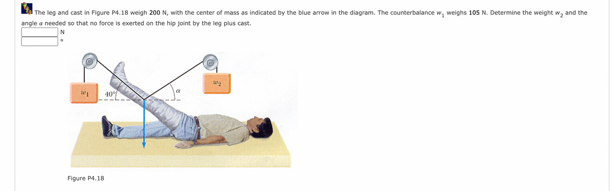 The leg and cast in Figure P4.18 weigh 200 N, with the center of mass as indicated by the blue arrow in the diagram. The counterbalance w, weighs 105 N. Determine the weight w, and the
angle a needed so that no force is exerted on the hip joint by the leg plus cast.
N
W2
Wi
40%
Figure P4.18
