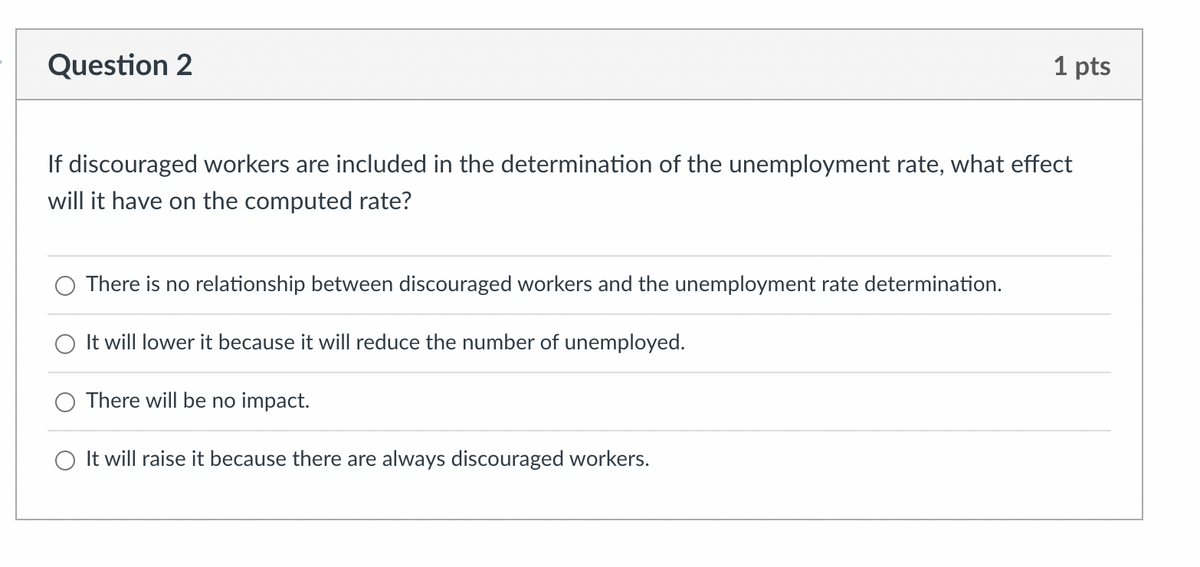 Question 2
1 pts
If discouraged workers are included in the determination of the unemployment rate, what effect
will it have on the computed rate?
There is no relationship between discouraged workers and the unemployment rate determination.
It will lower it because it will reduce the number of unemployed.
There will be no impact.
O It will raise it because there are always discouraged workers.
