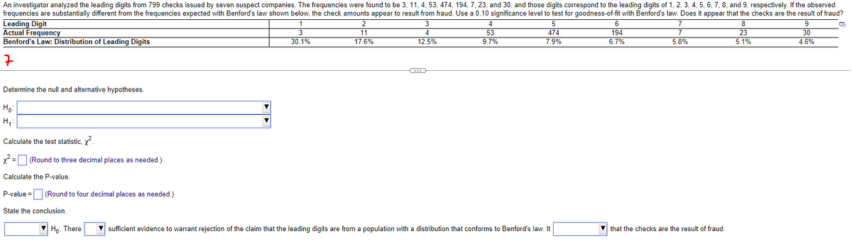 An investigator analyzed the leading digits from 799 checks issued by seven suspect companies. The frequencies were found to be 3, 11, 4, 53, 474, 194, 7, 23, and 30, and those digits correspond to the leading digits of 1, 2, 3, 4, 5, 6, 7, 8, and 9, respectively. If the observed
frequencies are substantially different from the frequencies expected with Benford's law shown below, the check amounts appear to result from fraud. Use a 0.10 significance level to test for goodness-of-fit with Benford's law. Does it appear that the checks are the result of fraud?
Leading Digit
Actual Frequency
Q
Benford's Law: Distribution of Leading Digits
7
Determine the null and alternative hypotheses.
H₂:
H₁:
Calculate the test statistic, ².
x² = (Round to three decimal places as needed.)
Calculate the P-value.
P-value =
State the conclusion.
(Round to four decimal places as needed.)
Ho. There
3
30.1%
2
11
17.6%
C
4
12.5%
4
53
9.7%
5
474
7.9%
▼sufficient evidence to warrant rejection of the claim that the leading digits are from a population with a distribution that conforms to Benford's law. It
194
6.7%
5.8%
that the checks are the result of fraud.
23
5.1%
9
30
4.6%