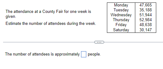 The attendance at a County Fair for one week is
given.
Estimate the number of attendees during the week.
The number of attendees is approximately
people.
Monday
Tuesday
Wednesday
Thursday
Friday
Saturday
47,665
35,188
51,944
52,984
48,638
30,147