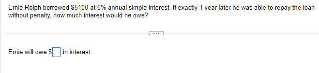 Ernie Rolph borrowed $5100 at 6% annual simple interest. If exactly 1 year later he was able to repay the loan
without penalty, how much interest would he owe?
Ernie will owe $ in interest.