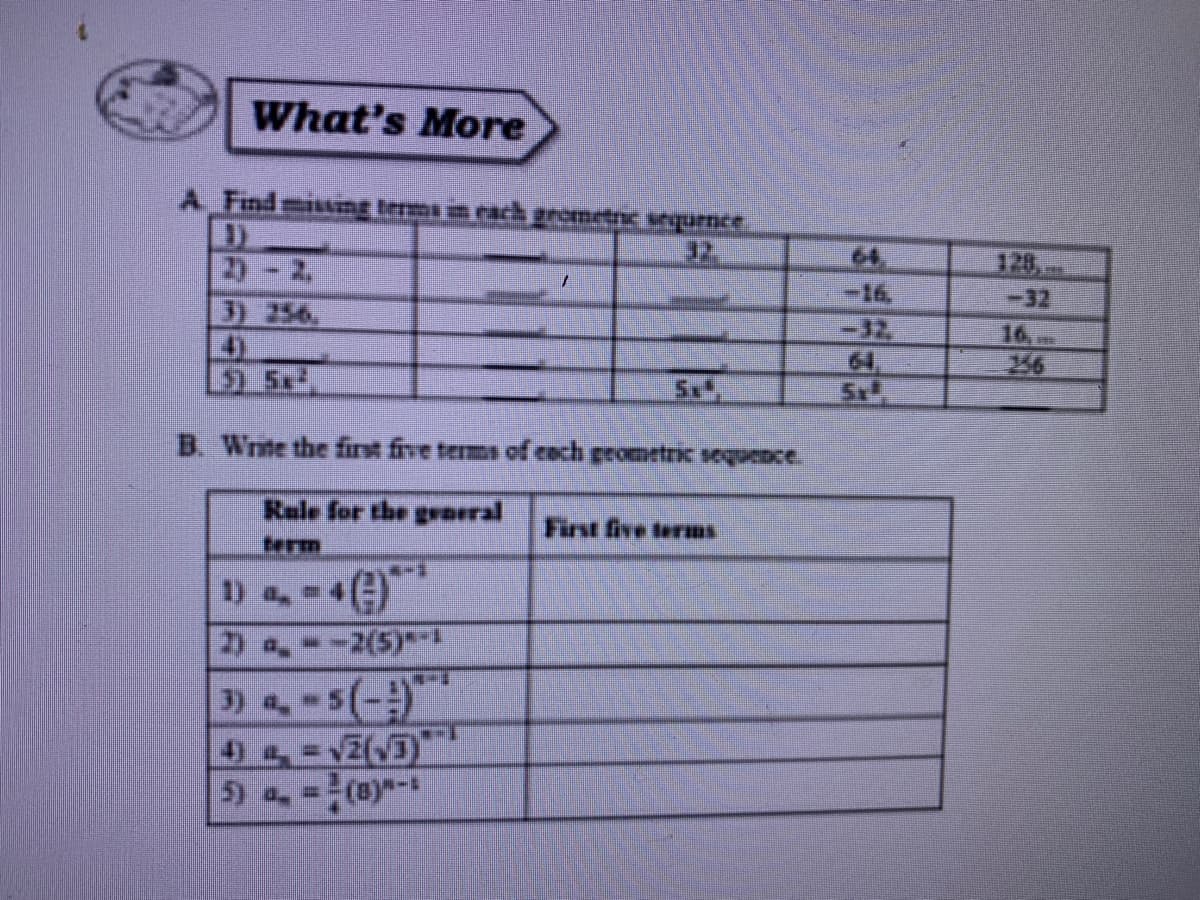 What's More
A Find mixsmg termá in Pach gromntri Vnqurnce
32
120
2)-2.
3) 256
4)
5 5+
-16
-32
64
-32
16,
256
Sx
B. Write the first five terms of cach grometric sequence.
Rule for the geaeral
First five terms
Cerm
1) ,-4(=)
2) a.--2(5)*
5(-)"
4) a,=vZ(V3)
5) -(8)-
3) ,-:
%3D
