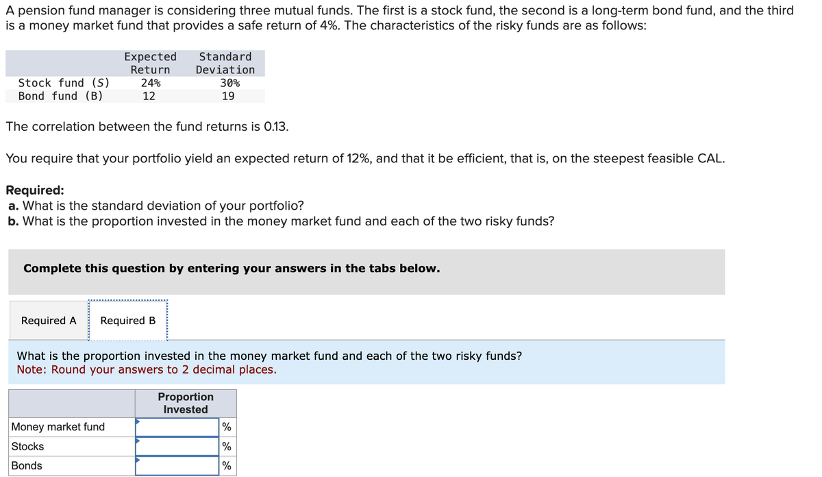 A pension fund manager is considering three mutual funds. The first is a stock fund, the second is a long-term bond fund, and the third
is a money market fund that provides a safe return of 4%. The characteristics of the risky funds are as follows:
Stock fund (S)
Bond fund (B)
Expected
Return
24%
12
The correlation between the fund returns is 0.13.
Standard
Deviation
You require that your portfolio yield an expected return of 12%, and that it be efficient, that is, on the steepest feasible CAL.
Required A
Required:
a. What is the standard deviation of your portfolio?
b. What is the proportion invested in the money market fund and each of the two risky funds?
30%
19
Complete this question by entering your answers in the tabs below.
Required B
Money market fund
Stocks
Bonds
What is the proportion invested in the money market fund and each of the two risky funds?
Note: Round your answers to 2 decimal places.
Proportion
Invested
%
%
%