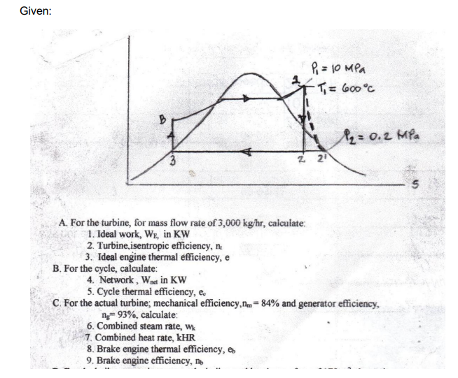 Given:
P = 10 MPa
T= 600°C
2=0.2 MPa
A. For the turbine, for mass flow rate of 3,000 kg/hr, caiculate:
1. Ideal work, WE, in KW
2. Turbine, isentropic efficiency, n
3. Ideal engine thermal efficiency, e
B. For the cycle, calculate:
4. Network, Wnet in KW
5. Cycle thermal efficiency, e.
C. For the actual turbine; mechanical efficiency,n = 84% and generator efficiency,
ng= 93%, calculate:
6. Combined steam rate, w
7. Combined heat rate, kHR
8. Brake engine thermal efficiency, e
9. Brake engine efficiency, n
21
3.
