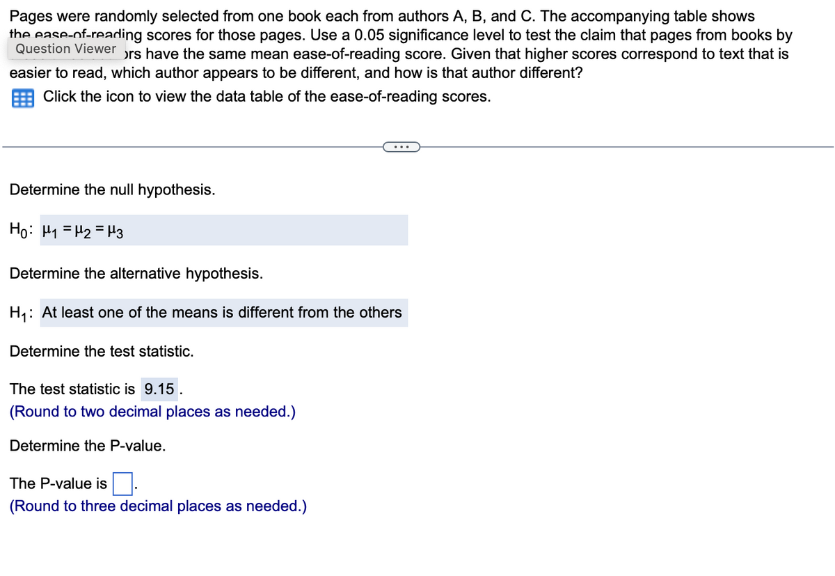 Pages were randomly selected from one book each from authors A, B, and C. The accompanying table shows
the ease-of-reading scores for those pages. Use a 0.05 significance level to test the claim that pages from books by
Question Viewer ors have the same mean ease-of-reading score. Given that higher scores correspond to text that is
easier to read, which author appears to be different, and how is that author different?
Click the icon to view the data table of the ease-of-reading scores.
Determine the null hypothesis.
Ho: H₁ H₂ = μ3
Determine the alternative hypothesis.
H₁: At least one of the means is different from the others
Determine the test statistic.
The test statistic is 9.15.
(Round to two decimal places as needed.)
Determine the P-value.
The P-value is
(Round to three decimal places as needed.)