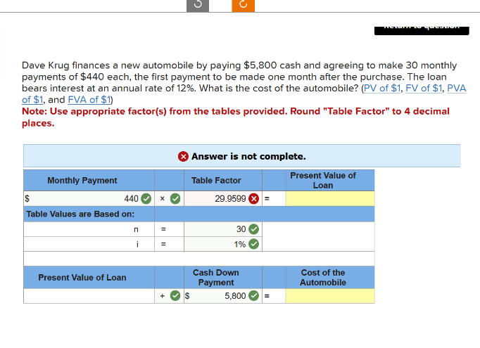 Monthly Payment
Dave Krug finances a new automobile by paying $5,800 cash and agreeing to make 30 monthly
payments of $440 each, the first payment to be made one month after the purchase. The loan
bears interest at an annual rate of 12%. What is the cost of the automobile? (PV of $1, FV of $1, PVA
of $1, and FVA of $1)
$
440
Table Values are Based on:
Note: Use appropriate factor(s) from the tables provided. Round "Table Factor" to 4 decimal
places.
Present Value of Loan
n
i
G
II
+
O
Answer is not complete.
Table Factor
29.9599 X
30
1%
Cash Down
Payment
5,800
TOTT
Present Value of
Loan
Cost of the
Automobile