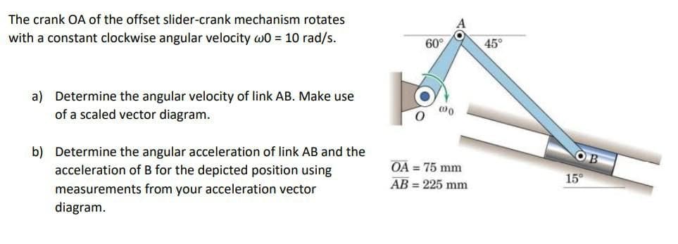 The crank OA of the offset slider-crank mechanism rotates
with a constant clockwise angular velocity w0 = 10 rad/s.
a) Determine the angular velocity of link AB. Make use
of a scaled vector diagram.
b) Determine the angular acceleration of link AB and the
acceleration of B for the depicted position using
measurements from your acceleration vector
diagram.
60°
@00
OA = 75 mm
AB= 225 mm
45°
OB
15°