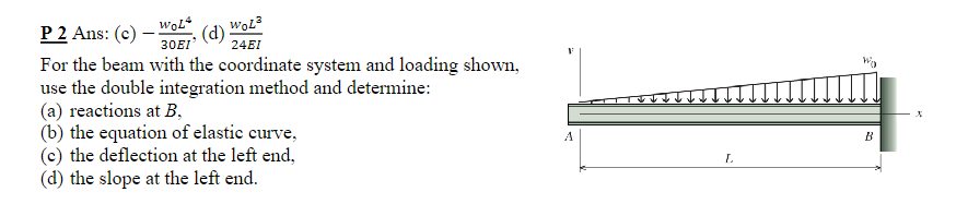 WOL³
24EI
WOL
P2 Ans: (c) - (d)
30EI
For the beam with the coordinate system and loading shown,
use the double integration method and determine:
(a) reactions at B,
(b) the equation of elastic curve,
(c) the deflection at the left end,
(d) the slope at the left end.
A
L
B