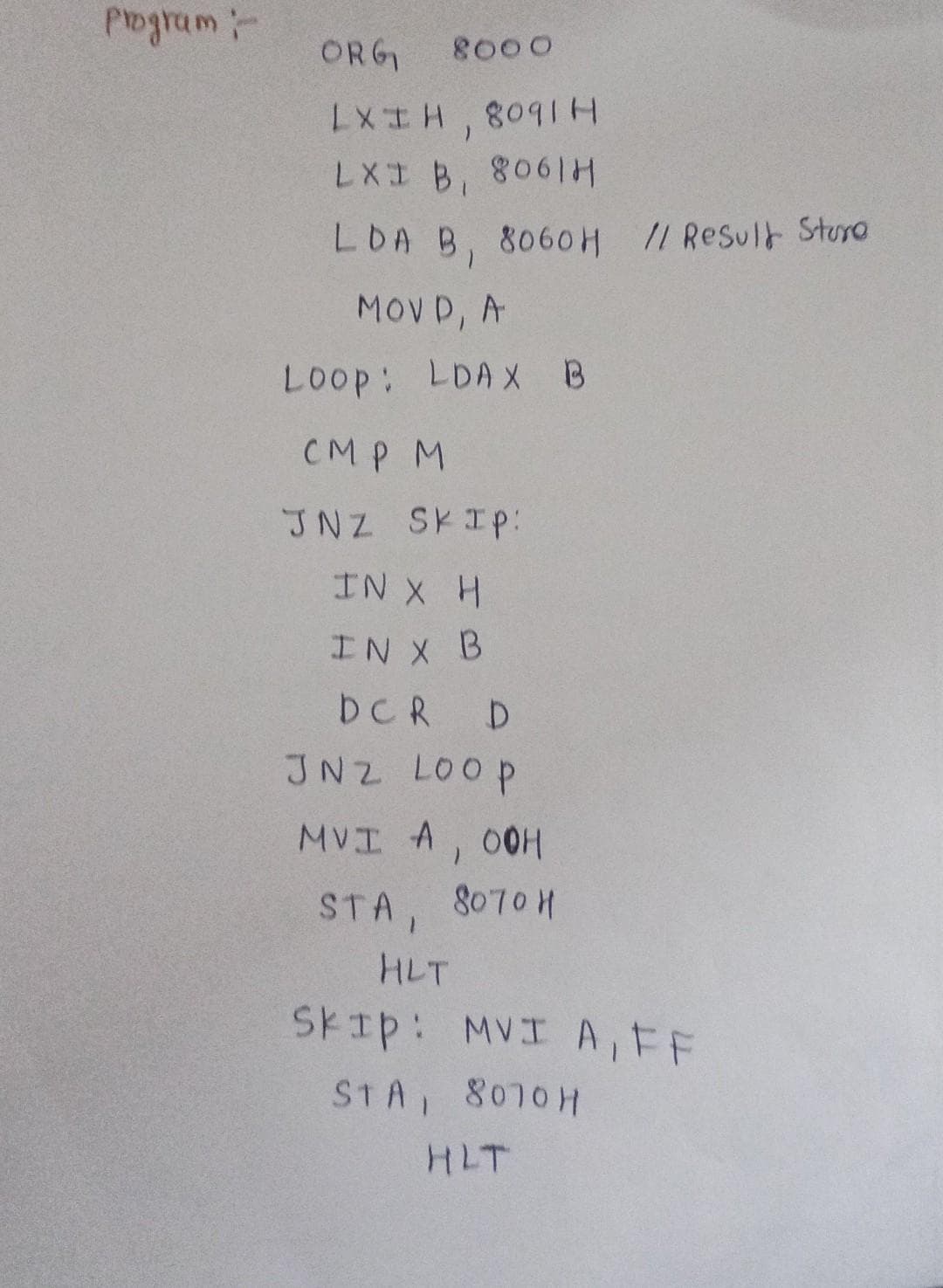 ORG
8000
XI, 8091H
LX1 B, 8061H
LOA B, 806OH // Result Sturo
MOV D, A
LOOP: LDAX B
CMP M
JNZ SKIP:
IN X H
IN X B
DCR
JNZ LOOP
MVI A, 0OH
STA, 8070H
HLT
SKIP: MVI A,FF
STA, 8070H
HLT
