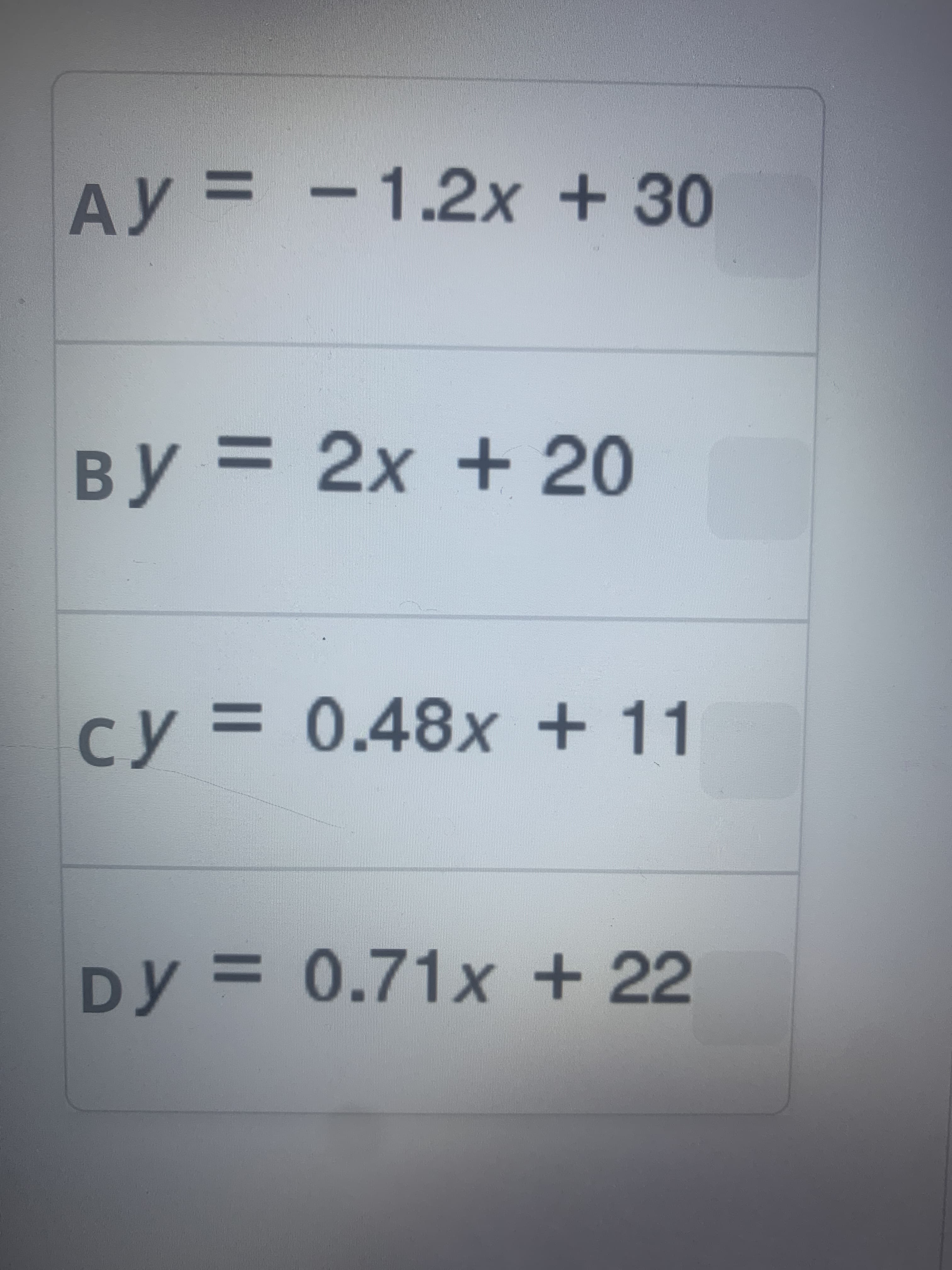 AY-
%3D
-1.2x +30
BY= 2x + 20
CY3D 0.48x + 11
%3D
0.71x +22
