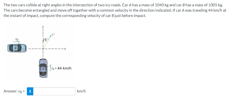 The two cars collide at right angles in the intersection of two icy roads. Car A has a mass of 1040 kg and car B has a mass of 1005 kg.
The cars become entangled and move off together witha common velocity in the direction indicated. If car A was traveling 44 km/h at
the instant of impact, compute the corresponding velocity of car B just before impact.
25
B.
A = 44 km/h
Answer: VB =
i
km/h
