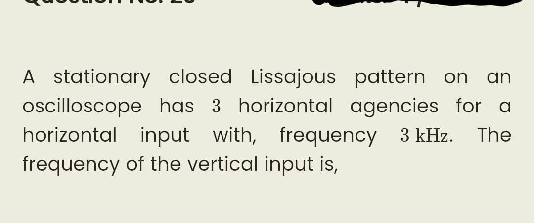 A stationary closed Lissajous
pattern on an
oscilloscope
has 3 horizontal agencies for a
horizontal input with, frequency 3 kHz. The
frequency of the vertical input is,