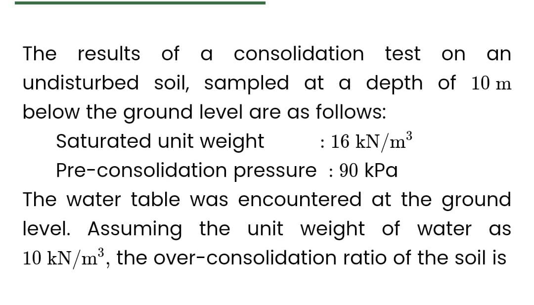 The results of a consolidation test on an
undisturbed soil, sampled at a depth of 10 m
below the ground level are as follows:
Saturated unit weight
: 16 kN/m³
Pre-consolidation pressure : 90 kPa
The water table was encountered at the ground
level. Assuming the unit weight of wate as
10 kN/m³, the over-consolidation ratio of the soil is