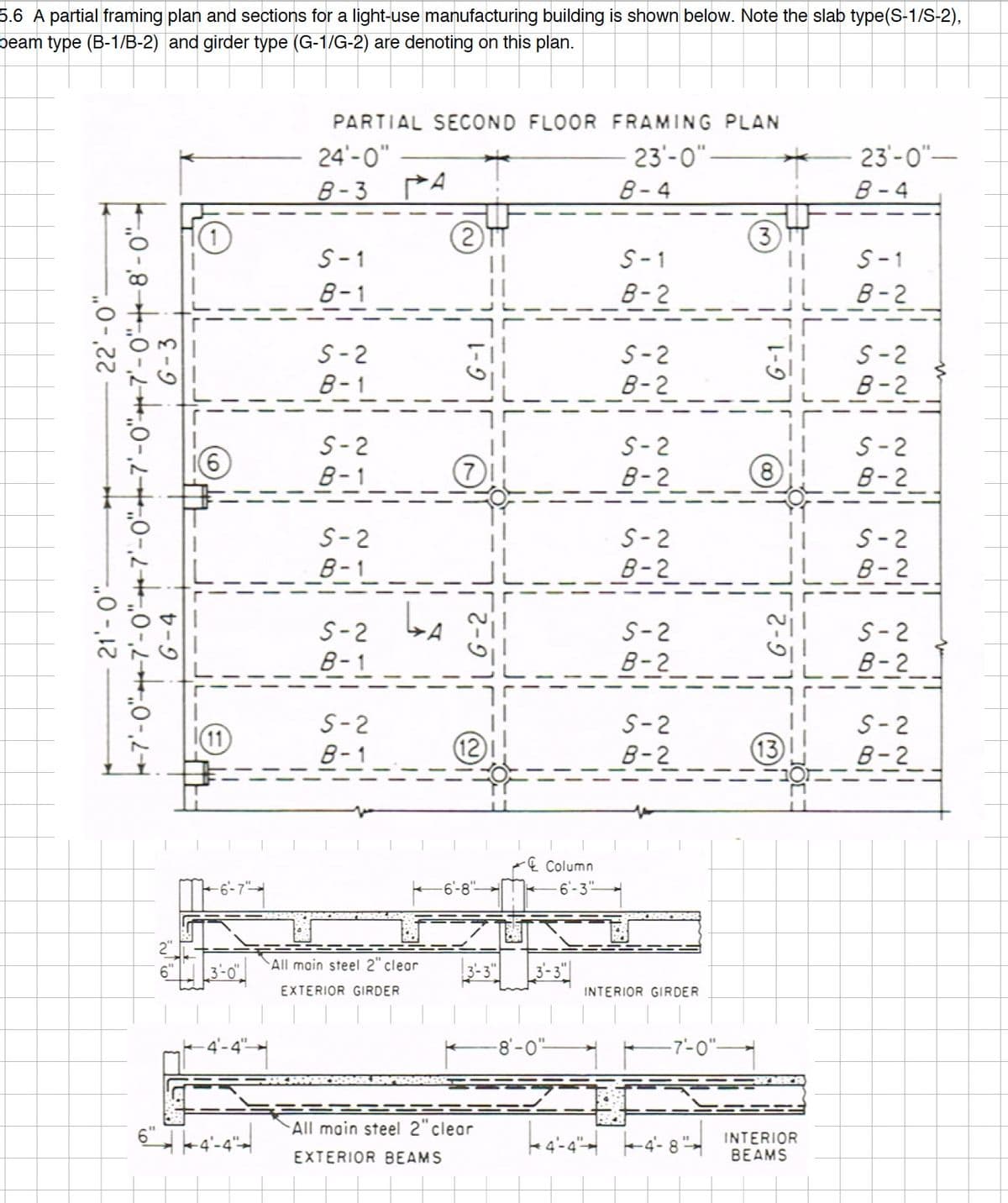 5.6 A partial framing plan and sections for a light-use manufacturing building is shown below. Note the slab type(S-1/S-2),
beam type (B-1/B-2) and girder type (G-1/G-2) are denoting on this plan.
22'-0"-
0-80-20-2
G-3
21'-0"
+7-07-0-7'-0"
G-4
6
2"
PARTIAL SECOND FLOOR FRAMING PLAN
23-0"
24'-0"
8-3
S-1
8-1
S-2
8-1
S-2
B-1
S-2
8-1
S-2
8-1
S-2
8-1
All main steel 2" clear
EXTERIOR GIRDER
-6-8"
All main steel 2" clear
EXTERIOR BEAMS
Column
6-3"
-8'-0"
8-4
S-1
8-2
S-2
8-2
S-2
8-2
S-2
8-2
S-2
8-2
S-2
8-2
INTERIOR GIRDER
-7'-0"-
-
G-1
(13)
+4-4-4-8 INTERIOR
BEAMS
23'-0"-
8-4
S-1
8-2
S-2
B-2
S-2
8-2
S-2
8-2
S-2
B-2
S-2
8-2