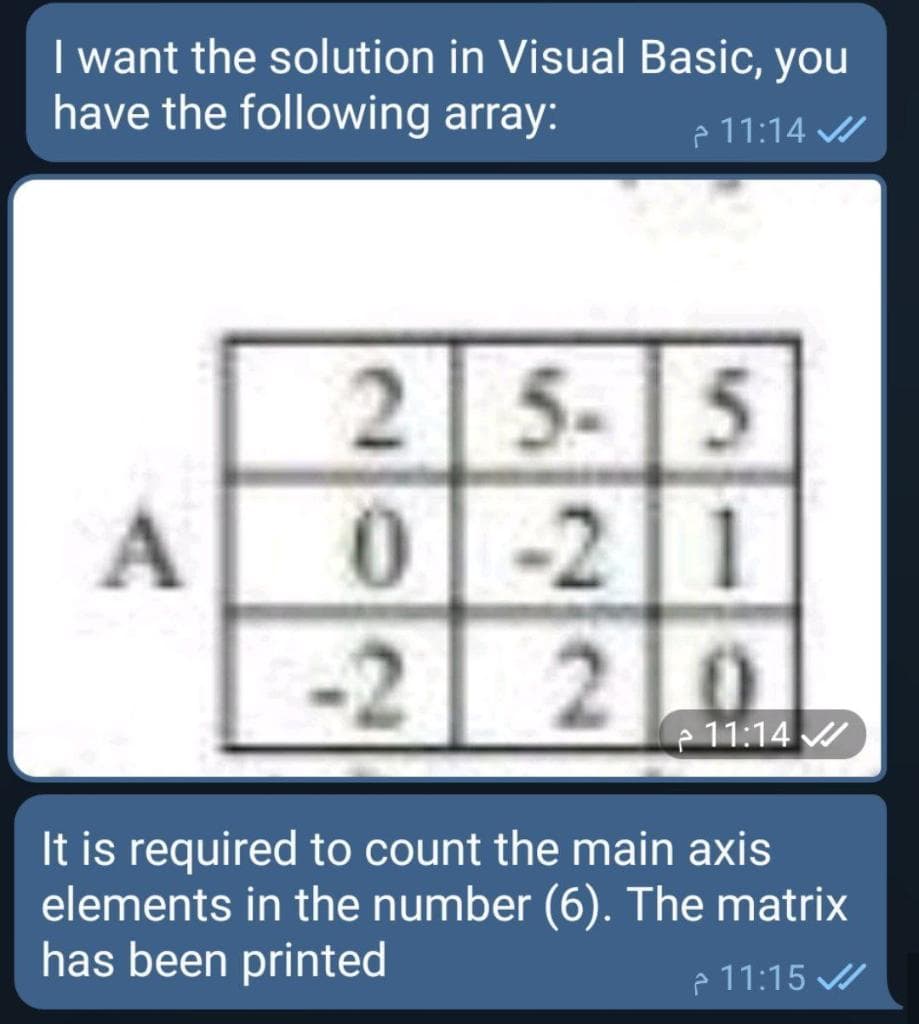 I want the solution in Visual Basic, you
have the following array:
e 11:14 /
2 5- 5
0-21
-2
2.
11:14 /
It is required to count the main axis
elements in the number (6). The matrix
has been printed
e 11:15
