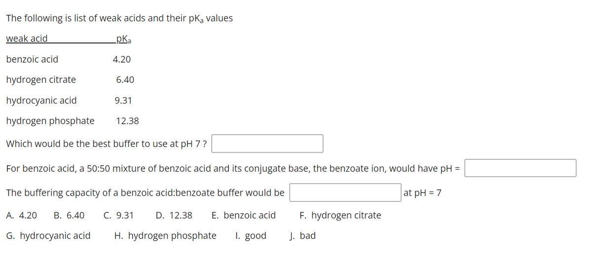 The following is list of weak acids and their pką values
weak acid
pKa
benzoic acid
4.20
hydrogen citrate
6.40
hydrocyanic acid
9.31
hydrogen phosphate
12.38
Which would be the best buffer to use at pH 7 ?
For benzoic acid, a 50:50 mixture of benzoic acid and its conjugate base, the benzoate ion, would have pH =
The buffering capacity of a benzoic acid:benzoate buffer would be
at pH = 7
A. 4.20
B. 6.40
C. 9.31
D. 12.38
E. benzoic acid
F. hydrogen citrate
G. hydrocyanic acid
H. hydrogen phosphate
I. good
J. bad
