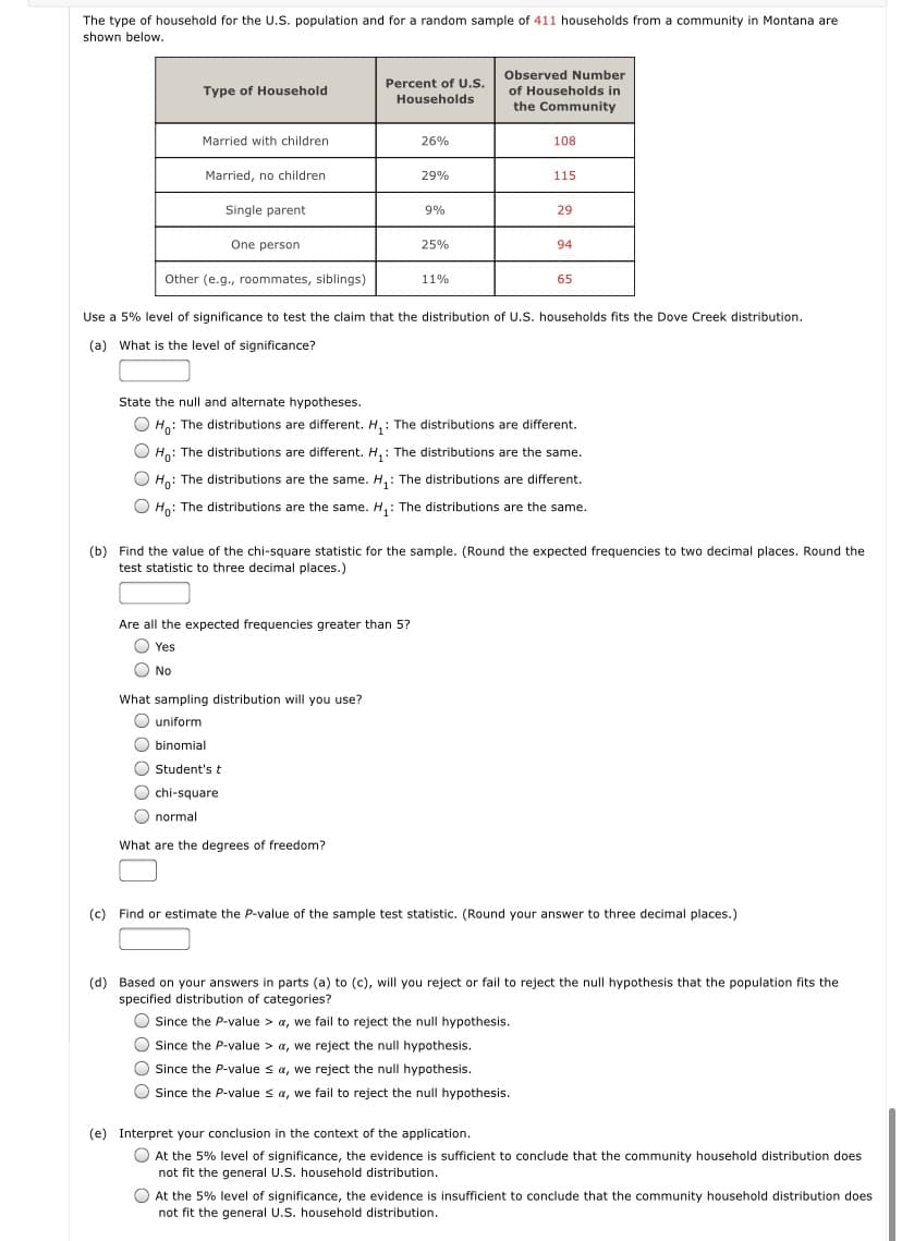 The type of household for the U.S. population and for a random sample of 411 households from a community in Montana are
shown below.
Observed Number
Percent of U.S.
Type of Household
of Households in
Households
the Community
Married with children
26%
108
Married, no children
29%
115
Single parent
9%
29
One person
25%
94
Other (e.g., roommates, siblings)
11%
65
Use a 5% level of significance to test the claim that the distribution of U.S. households fits the Dove Creek distribution.
(a) What is the level of significance?
State the null and alternate hypotheses.
O Ho: The distributions are different. H,: The distributions are different.
O Ho: The distributions are different. H,: The distributions are the same.
O Ho: The distributions are the same. H, : The distributions are different.
O
Họ: The distributions are the same. H, : The distributions are the same.
(b) Find the value of the chi-square statistic for the sample. (Round the expected frequencies to two decimal places. Round the
test statistic to three decimal places.)
Are all the expected frequencies greater than 5?
O Yes
O No
What sampling distribution will you use?
O uniform
O binomial
O Student's t
O chi-square
O normal
What are the degrees of freedom?
(c) Find or estimate the P-value of the sample test statistic. (Round your answer to three decimal places.)
(d) Based on your answers in parts (a) to (c), will you reject or fail to reject the null hypothesis that the population fits the
specified distribution of categories?
O Since the P-value > a, we fail to reject the null hypothesis.
O Since the P-value > a, we reject the null hypothesis.
O Since the P-value s a, we reject the null hypothesis.
OSince the P-value s a, we fail to reject the null hypothesis.
(e) Interpret your conclusion in the context of the application.
O At the 5% level of significance, the evidence is sufficient to conclude that the community household distribution does
not fit the general U.S. household distribution.
O At the 5% level of significance, the evidence is insufficient to conclude that the community household distribution does
not fit the general U.S. household distribution.
