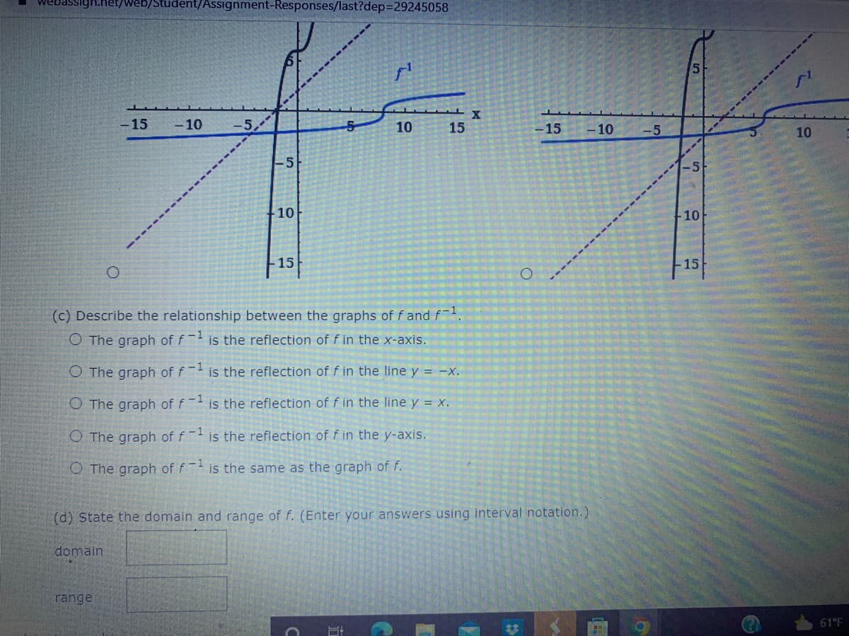 webassign.net/
dent/Assignment-Responses/last?dep=29245058
f¹
X
-15 -10 -5,
5
10
15
-15 - 10 -5
44
10
-5
-5
10
-10
-15
O
-15
O
(c) Describe the relationship between the graphs of f and f
O The graph of f-¹ is the reflection of f in the x-axis.
O The graph of f-1 is the reflection of f in the line y = -x.
O The graph of f1 is the reflection of f in the line y = x.
O The graph of f-1 is the reflection of f in the y-axis.
O The graph of f1 is the same as the graph of f.
(d) State the domain and range of f. (Enter your answers using interval notation.)
domain
range
61°F
2
D