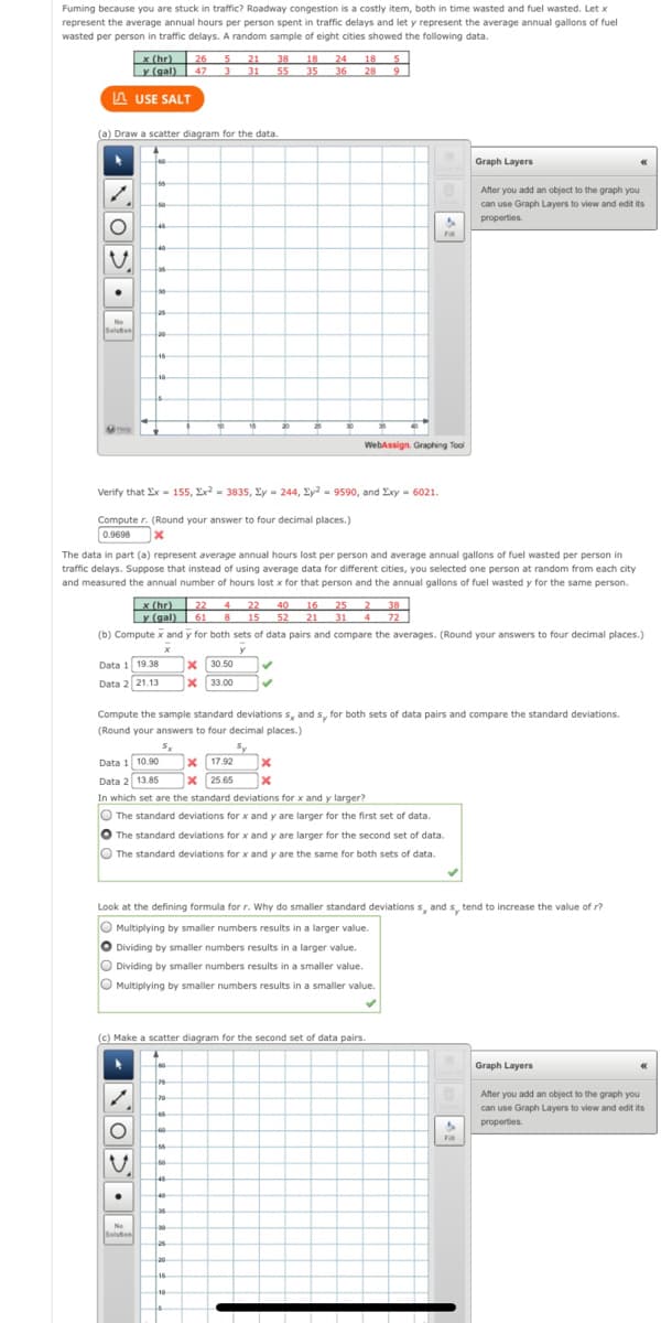 Fuming because you are stuck in traffic? Roadway congestion is a costly item, both in time wasted and fuel wasted. Let x
represent the average annual hours per person spent in traffic delays and let y represent the average annual gallons of fuel
wasted per person in traffic delays. A random sample of eight cities showed the following data.
x (hr)
Y (gal)
26 5 21
47 3 31
18
24 18 5
38
36 28 9
55 35
A USE SALT
(a) Draw a scatter diagram for the data.
Graph Layers
After you add an object to the graph you
60
can use Graph Layers to view and edit its
properties
46
30
as
Ne
Solutien
20
16
40
18
20
WebAssign. Graphing Tool
Verify that Ex = 155, Exr? = 3835, Ly = 244, Ey² – 9590, and Exy = 6021.
Compute r. (Round your answer to four decimal places.)
0.9698
The data in part (a) represent average annual hours lost per person and average annual gallons of fuel wasted per person in
traffic delays. Suppose that instead of using average data for different cities, you selected one person at random from each city
and measured the annual number of hours lost x for that person and the annual gallons of fuel wasted y for the same person.
x Chr) 22
LY (gal) 61 8 15
4 22
40 16 25 2 38
52 21
31 4 72
(b) Compute x and y for both sets of data pairs and compare the averages. (Round your answers to four decimal places.)
y
x 30.50
x33.00
Data 1 19.38
Data 2 21.13
Compute the sample standard deviations s, and s, for both sets of data pairs and compare the standard deviations.
(Round your answers to four decimal places.)
Sy
x 17.92
Data 1 10.90
Data 2 13.85
x 25.65
In which set are the standard deviations for x and y larger?
O The standard deviations for x and y are larger for the first set of data.
O The standard deviations for x and y are larger for the second set of data.
O The standard deviations for x and y are the same for both sets of data.
Look at the defining formula forr. Why do smaller standard deviations s, and s, tend to increase the value of r?
O Multiplying by smaller numbers results in a larger value.
O Dividing by smaller numbers results in a larger value.
O Dividing by smaller numbers results in a smaller value.
O Multiplying by smaller numbers results in a smaller value.
(c) Make a scatter diagram for the second set of data pairs.
Graph Layers
After you add an object to the graph you
can use Graph Layers to view and edit its
properties.
46
40
35
30
Solutien
25
20
16
10
