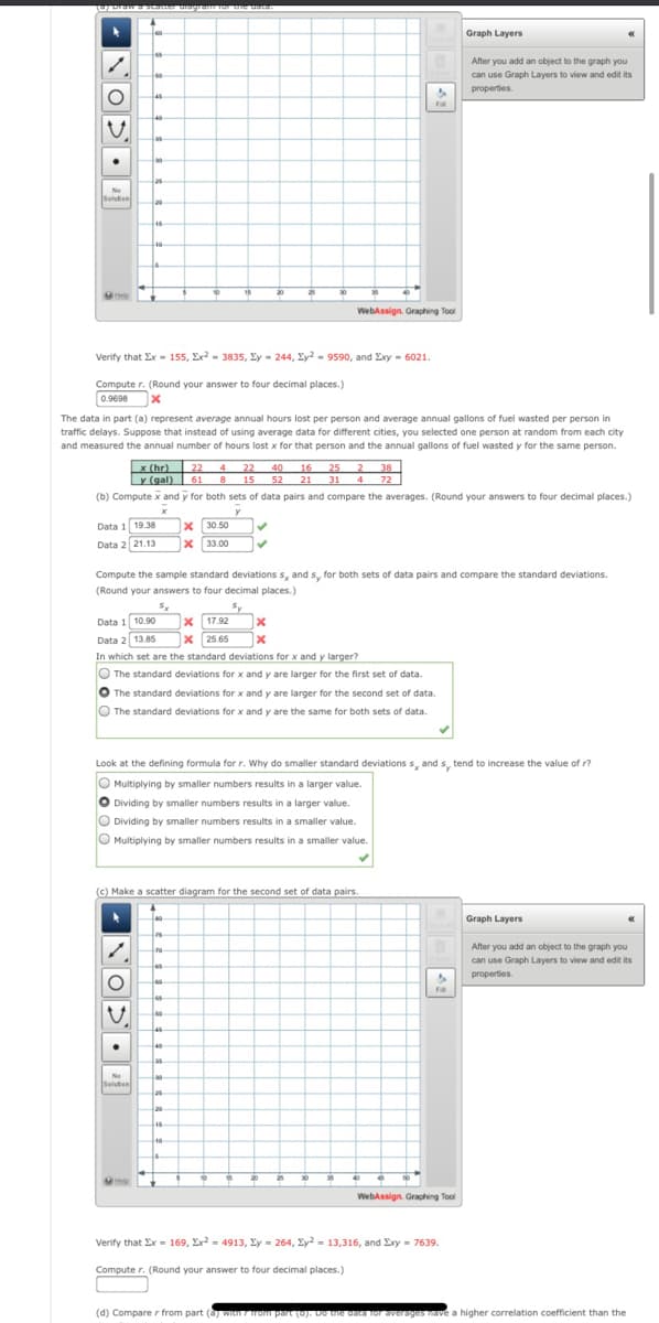 Graph Layers
After you add an object to the graph you
can use Graph Layers to view and edit its
properties.
46
as
Selutien
20
16
10
20
WebAssign. Graphing Tool
Verify that Ex- 155, Ex2 - 3835, Ey - 244, Ey2 - 9590, and Exy - 6021.
Compute r. (Round your answer to four decimal places.)
0.9698
0.
The data in part (a) represent average annual hours lost per person and average annual gallons of fuel wasted per person in
traffic delays. Suppose that instead of using average data for different cities, you selected one person at random from each city
and measured the annual number of hours lost x for that person and the annual gallons of fuel wasted y for the same person.
22 4 22 40 16 25 2 38
Y (gal) 61 8 15
x (hr)22
52 21
31 4 72
(b) Compute x and y for both sets of data pairs and compare the averages. (Round your answers to four decimal places.)
Data 1 19.38
x 30.50
Data 2 21.13
X 33.00
Compute the sample standard deviations s, and s, for both sets of data pairs and compare the standard deviations.
(Round your answers to four decimal places.)
Sy
x 17.92
x 25.65
Data 1 10.90
Data 2 13.85
In which set are the standard deviations for x and y larger?
O The standard deviations for x and y are larger for the first set of data.
O The standard deviations for x and y are larger for the second set of data.
O The standard deviations for x and y are the same for both sets of data.
Look at the defining formula for r. Why do smaller standard deviations s, and s, tend to increase the value of r?
O Multiplying by smaller numbers results in a larger value.
O Dividing by smaller numbers results in a larger value.
O Dividing by smaller numbers results in a smaller value.
O Multiplying by smaller numbers results in a smaller value.
(c) Make a scatter diagram for the second set of data pairs.
Graph Layers
After you add an object to the graph you
can use Graph Layers to view and edit its
es
properties.
00
40
Solution
as
20
10
30
40
WebAssign. Graphing Tool
Verify that Ex = 169, Ex2 = 4913, Ey = 264, Ey2 = 13,316, and Exy = 7639.
Compute r. (Round your answer to four decimal places.)
(d) Compare r from part (a WInrom part (0). Do tte data for averages nave a higher correlation coefficient than the
