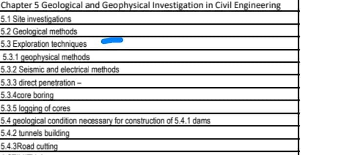 Chapter 5 Geological and Geophysical Investigation in Civil Engineering
5.1 Site investigations
5.2 Geological methods
5.3 Exploration techniques
5.3.1 geophysical methods
5.3.2 Seismic and electrical methods
5.3.3 direct penetration-
5.3.4core boring
5.3.5 logging of cores
5.4 geological condition necessary for construction of 5.4.1 dams
5.4.2 tunnels building
5.4.3Road cutting
