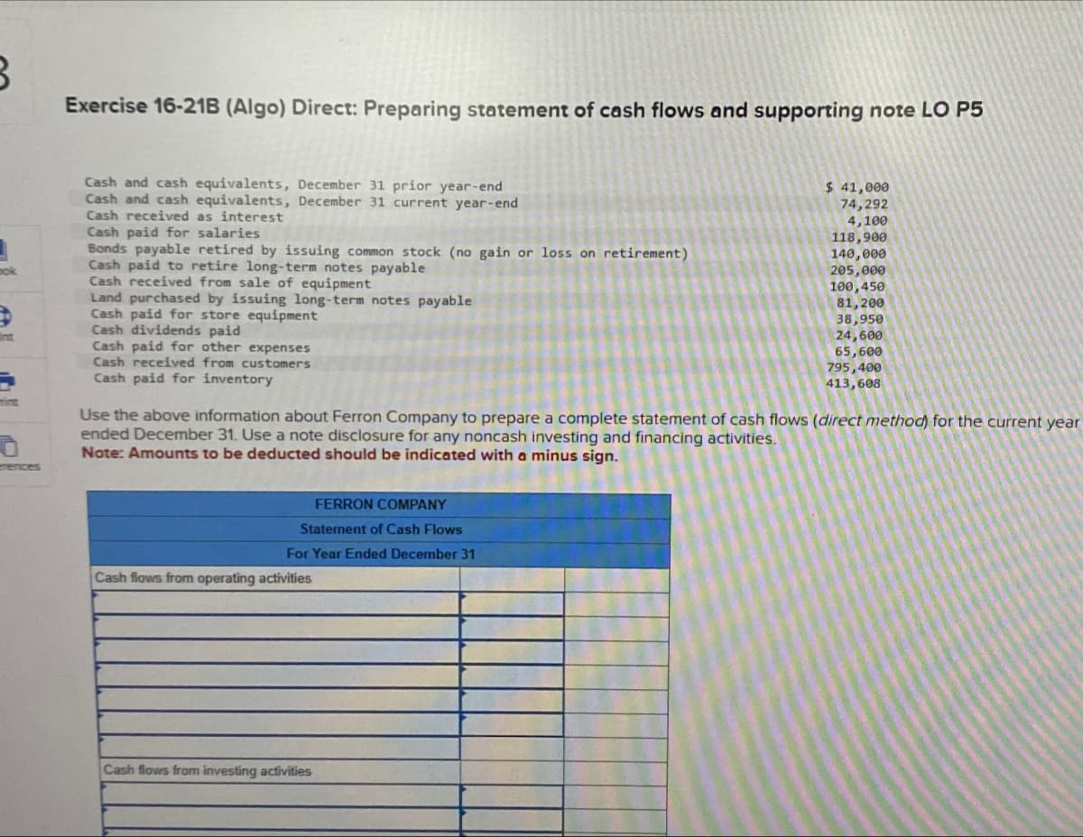 3
ook
rences
Exercise 16-21B (Algo) Direct: Preparing statement of cash flows and supporting note LO P5
Cash and cash equivalents, December 31 prior year-end
Cash and cash equivalents, December 31 current year-end
Cash received as interest
Cash paid for salaries
Bonds payable retired by issuing common stock (no gain or loss on retirement)
Cash paid to retire long-term notes payable
Cash received from sale of equipment
Land purchased by issuing long-term notes payable
Cash paid for store equipment
Cash dividends paid
Cash paid for other expenses
Cash received from customers
Cash paid for inventory
FERRON COMPANY
Statement of Cash Flows
For Year Ended December 31
Use the above information about Ferron Company to prepare a complete statement of cash flows (direct method) for the current year
ended December 31. Use a note disclosure for any noncash investing and financing activities.
Note: Amounts to be deducted should be indicated with a minus sign.
Cash flows from operating activities
$ 41,000
74,292
4,100
118,900
140,000
205,000
100,450
81,200
38,950
24,600
Cash flows from investing activities
65,600
795,400
413,608