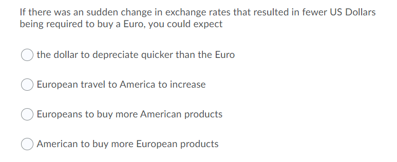If there was an sudden change in exchange rates that resulted in fewer US Dollars
being required to buy a Euro, you could expect
the dollar to depreciate quicker than the Euro
European travel to America to increase
Europeans to buy more American products
American to buy more European products
