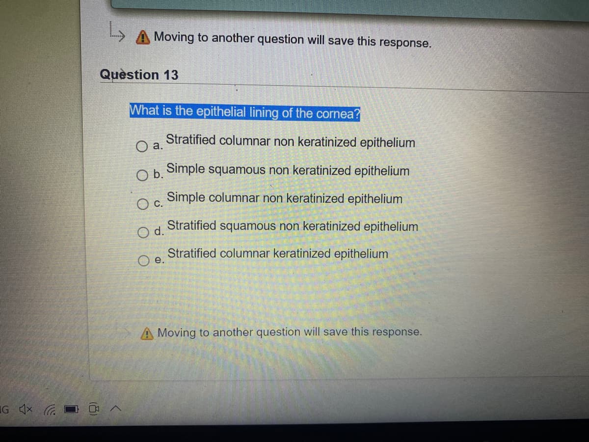 A Moving to another question will save this response.
Quèstion 13
What is the epithelial lining of the cornea?
Stratified columnar non keratinized epithelium
O a.
Simple squamous non keratinized epithelium
b.
Simple columnar non keratinized epithelium
c.
Stratified squamous non keratinized epithel
d.
Stratified columnar keratinized epithelium
e.
A Moving to another question will save this response.
IG 4x .
