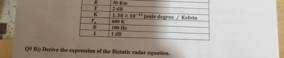 50 Km
2 dB
K
1.38 x 10-23 joule degree / Kelvin
Te
B
600 K
100 Hz
L.
1 dB
Q5 B)) Derive the expression of the Bistatic radar equation.
