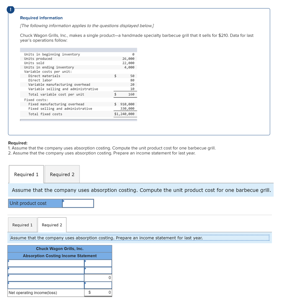 !
Required information
[The following information applies to the questions displayed below.]
Chuck Wagon Grills, Inc., makes a single product-a handmade specialty barbecue grill that it sells for $210. Data for last
year's operations follow:
Units in beginning inventory
Units produced
Units sold
26,000
22,000
4,000
Units in ending inventory
Variable costs per unit:
Direct materials
Direct labor
$4
50
80
Variable manufacturing overhead
Variable selling and administrative
20
10
Total variable cost per unit
2$
160
Fixed costs:
$ 910,000
Fixed manufacturing overhead
Fixed selling and administrative
330,000
Total fixed costs
$1,240,000
Required:
1. Assume that the company uses absorption costing. Compute the unit product cost for one barbecue grill.
2. Assume that the company uses absorption costing. Prepare an income statement for last year.
Required 1
Required 2
Assume that the company uses absorption costing. Compute the unit product cost for one barbecue grill.
Unit product cost
Required 1
Required 2
:......................................................................................................................................................
Assume that the company uses absorption costing. Prepare an income statement for last year.
Chuck Wagon Grills, Inc.
Absorption Costing Income Statement
Net operating income(loss)
$
