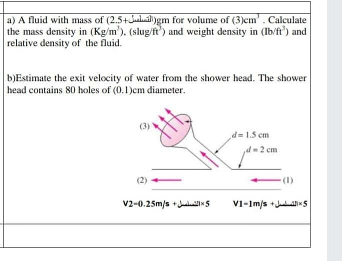 a) A fluid with mass of (2.5+Jlil)gm for volume of (3)cm. Calculate
the mass density in (Kg/m'), (slug/ft') and weight density in (Ib/ft) and
relative density of the fluid,
b)Estimate the exit velocity of water from the shower head. The shower
head contains 80 holes of (0.1)cm diameter.
d= 1.5 cm
,d = 2 cm
(1)
V2-0.25m/s +Jakaillx5
V1-1m/s +Jaail x5
