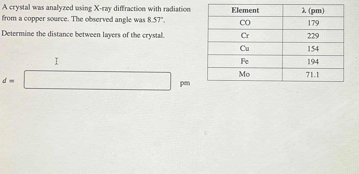 A crystal was analyzed using X-ray diffraction with radiation
from a copper source. The observed angle was 8.57°.
Determine the distance between layers of the crystal.
d =
I
pm
Element
CO
Cr
Cu
Fe
Mo
λ (pm)
179
229
154
194
71.1