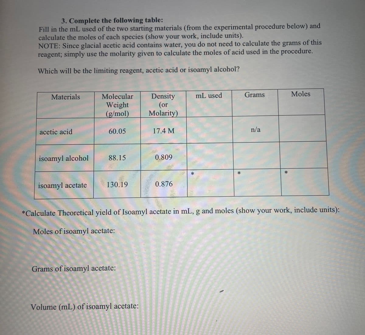 3. Complete the following table:
Fill in the mL used of the two starting materials (from the experimental procedure below) and
calculate the moles of each species (show your work, include units).
NOTE: Since glacial acetic acid contains water, you do not need to calculate the grams of this
reagent; simply use the molarity given to calculate the moles of acid used in the procedure.
Which will be the limiting reagent, acetic acid or isoamyl alcohol?
Materials
Molecular
Weight
(g/mol)
Density
(or
Molarity)
mL used
Grams
Moles
acetic acid
60.05
17.4 M
n/a
isoamyl alcohol
88.15
0.809
*
*
*
isoamyl acetate
130.19
0.876
*Calculate Theoretical yield of Isoamyl acetate in mL, g and moles (show your work, include units):
Moles of isoamyl acetate:
Grams of isoamyl acetate:
Volume (mL) of isoamyl acetate: