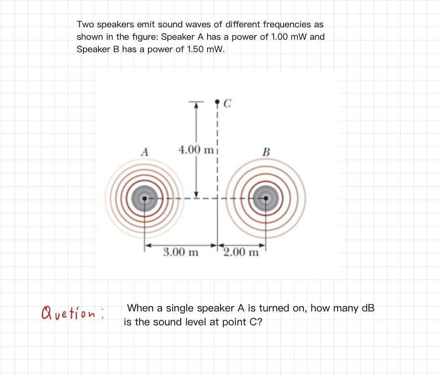 Two speakers emit sound waves of different frequencies as
shown in the figure: Speaker A has a power of 1.00 mW and
Speaker B has a power of 1.50 mW.
A
4.00 mị
В
3.00 m
2.00 m
Quetion:
When a single speaker A is turned on, how many dB
is the sound level at point C?
