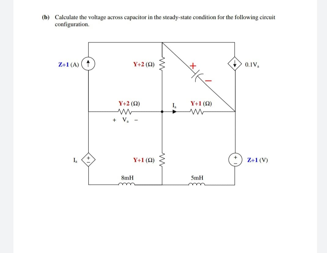 (b) Calculate the voltage across capacitor in the steady-state condition for the following circuit
configuration.
Z+1 (A)
Y+2 (2)
0.1V
Y+2 (2)
In
Y+1 (2)
+ Va -
Ia
Y+1 (2)
Z+1 (V)
8mH
5mH
