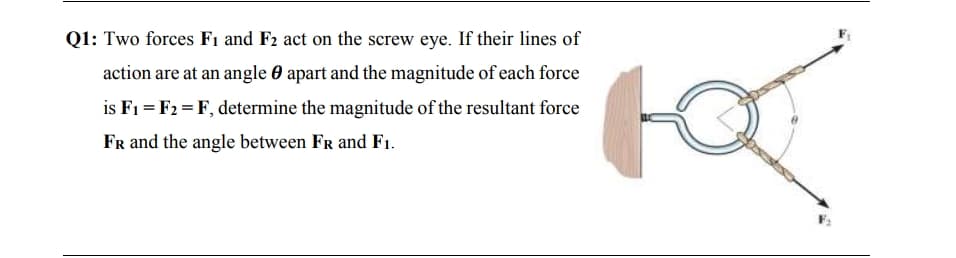 Q1: Two forces F1 and F2 act on the screw eye. If their lines of
action are at an angle 0 apart and the magnitude of each force
is F1 = F2 = F, determine the magnitude of the resultant force
FR and the angle between FR and F1.
