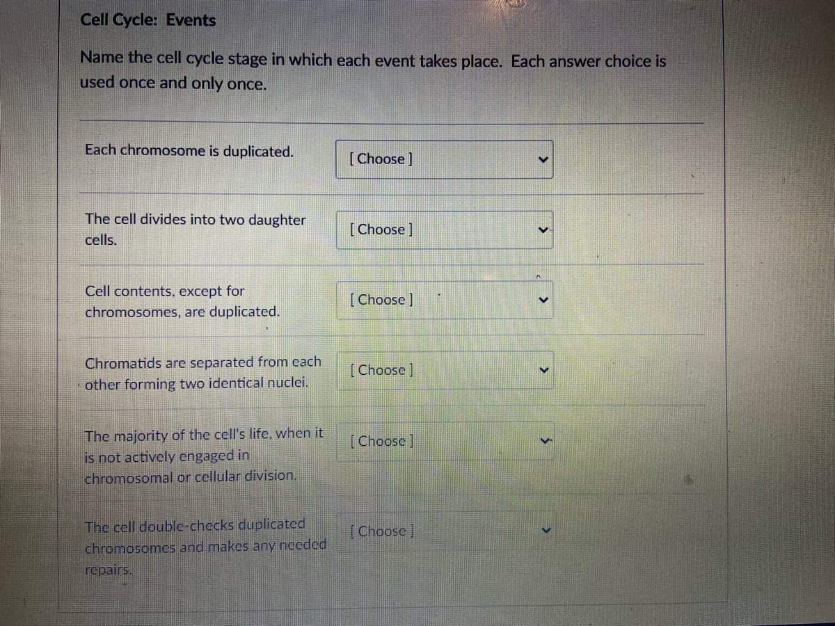 Cell Cycle: Events
Name the cell cycle stage in which each event takes place. Each answer choice is
used once and only once.
Each chromosome is duplicated.
[Choose]
The cell divides into two daughter
[Choose ]
cells.
Cell contents, except for
[ Choose ]
chromosomes, are duplicated.
Chromatids are separated from cach
[Choose]
other forming two identical nuclei.
The majority of the cell's life, when it
is not actively engaged in
chromosomal or cellular division.
[Choose ]
The cell double-checks duplicated
[Choose]
chromosomes and makes any needed
repairs.
