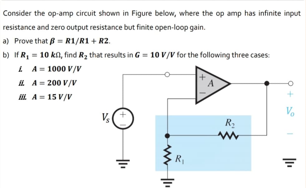 Consider the op-amp circuit shown in Figure below, where the op amp has infinite input
resistance and zero output resistance but finite open-loop gain.
a) Prove that ß = R1/R1 + R2.
b) If R1
= 10 kN, find R2 that results in G = 10 V/V for the following three cases:
i.
A = 1000 V/V
ii. A = 200 V/V
A
iii. A = 15 V/V
Vo
Vs
R2
R|
