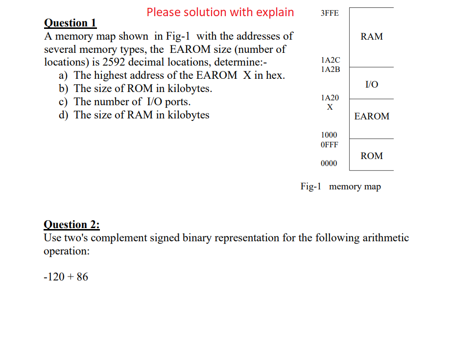 Please solution with explain
3FFE
Question 1
A memory map shown in Fig-1 with the addresses of
several memory types, the EAROM size (number of
locations) is 2592 decimal locations, determine:-
a) The highest address of the EAROM X in hex.
b) The size of ROM in kilobytes.
c) The number of I/O ports.
d) The size of RAM in kilobytes
RAM
1A2C
1A2B
I/O
1A20
EAROM
1000
OFFF
ROM
0000
Fig-1 memory map
Question 2:
Use two's complement signed binary representation for the following arithmetic
operation:
-120 + 86
