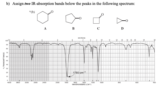 %TRANSMITTANCE
888
90
70
60
50
40
00
20
10
b) Assign two IR-absorption bands below the peaks in the following spectrum:
*(b)
A
B
1780 cm
0
4000
3000
3200
2800
2400
2000
1800
1600
MICRONG
1400
WAVENUMBERS (CM)
D
1200
1000
800
600
400